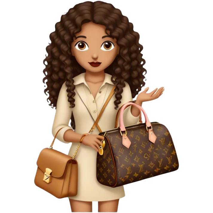 Medium Brown girl with long dark brown long curly hair carrying a Louis Vuitton bag on her arm emoji