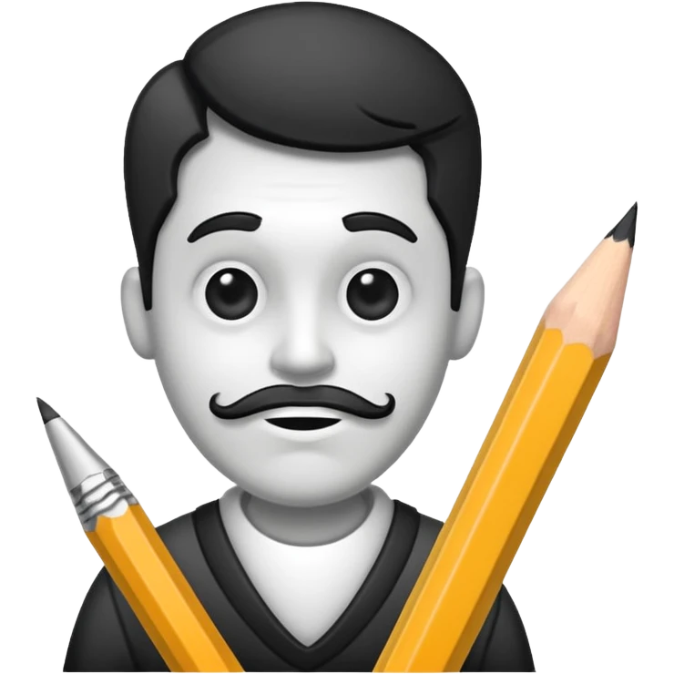 Create an icon representing the process of creating a black-and-white caricature. Include a pencil, a sketchpad with a humorous, exaggerated figure, and inking tools. Use bold lines and shading, with a transparent background. emoji
