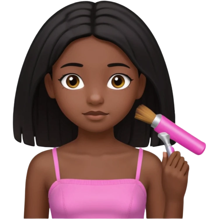 A black 12 yr old girl brushing her shoulder length hair, doe eyes, almond eyes pink tube top and black hair like the 3rd emoji
