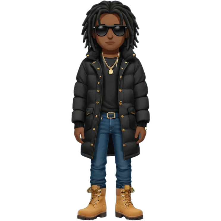African American man brown skin complexion with black dreadlocks shoulder length wearing black bubble winter coat wearing black sunglasses with denim skinny jeans and timberland boots standing up emoji