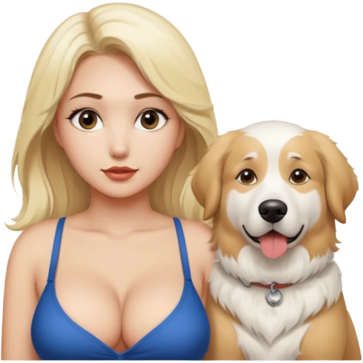 Sexy blonde girl with large breasts and a great pyrness dog next to her. emoji