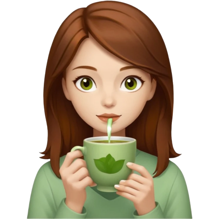 beautiful brunette with a slightly auburn hair color, with dark hazel eyes (let's call her kami), sipping matcha emoji