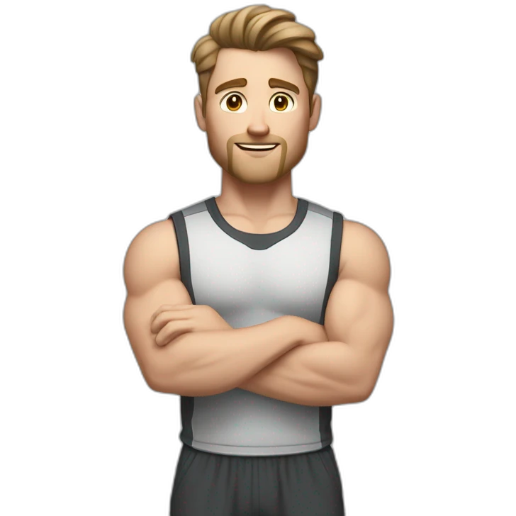 Close up Actively gesturing  with hands Pale skinned Fit Man With the biceps and brown hair in dark gray Sleeveless Mike, black oversize sports shorts, watch and white Sneakers emoji