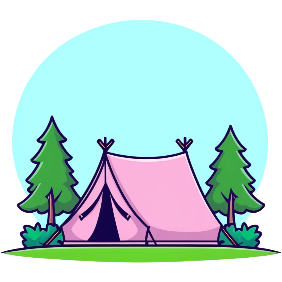 cute pink tent set up in a grassy meadow with trees emoji