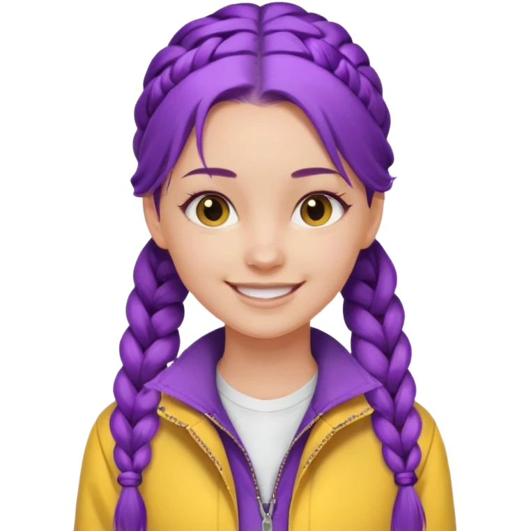 a beautiful girl face, long purple high pony single braided hair from the forehead, wearing a white shirt and a yellow jacket emoji