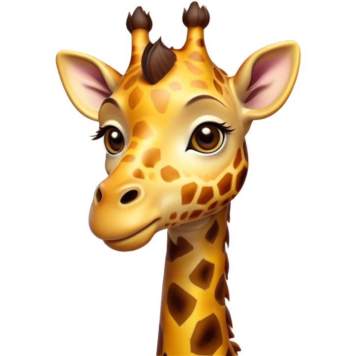 Cinematic Cute Giraffe Portrait Emoji, Head tilted playfully and inquisitively, featuring a glossy, patterned Fur of warm yellows and browns with delicate white spots, round, sparkling eyes filled with curious wonder, Simplified yet irresistibly adorable features, highly detailed, glowing with a warm, friendly glow, high shine, affectionate and gentle, stylized with a touch of savannah whimsy, bright and endearing, soft glowing outline, capturing the essence of a mischievous yet loving giraffe, so playful it feels like it could gallop out of the screen and into your arms! emoji