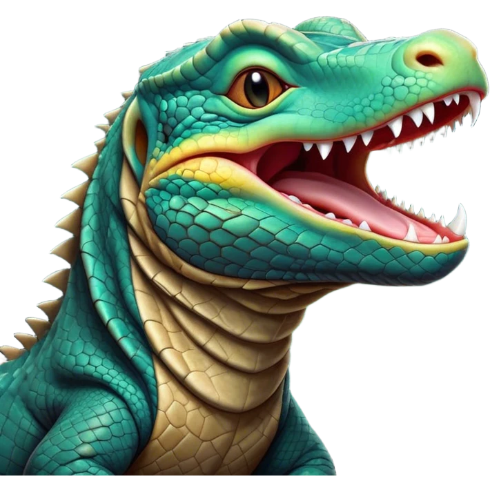 Cinematic Cute Yawning Komodo Dragon Lizard Portrait Emoji, Head slightly angled in a dramatic, wide-open yawn, showcasing rugged, textured scales and sleepy, half-closed eyes, Simplified yet irresistibly adorable features, highly detailed, glowing with a soft, cozy glow, high shine, relaxed yet expressive, stylized with a hint of whimsical wildness, soft glowing outline, capturing the essence of a drowsy yet endearing reptile that appears ready to stretch out for a nap! emoji
