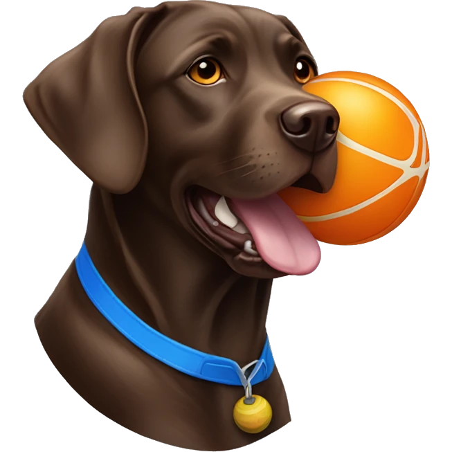 Chocolate lab with orange and blue chuck it ball in her mouth emoji