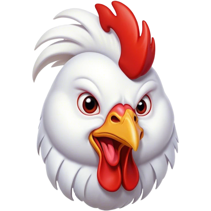 Cinematic Comical White Rooster Portrait Emoji, Head tilted dramatically with an exaggeratedly shocked or amused expression, featuring a striking pure white plumage with a bold red comb, wide, expressive eyes filled with playful disbelief, Simplified yet hilariously expressive features, highly detailed, glowing with a slightly sassy glow, high shine, dramatic yet playful, stylized with an air of cheeky mischief, bright and endearing, soft glowing outline, capturing the essence of a spirited and over-the-top rooster, so meme-worthy it feels like it could crow its way into internet fame instantly! emoji