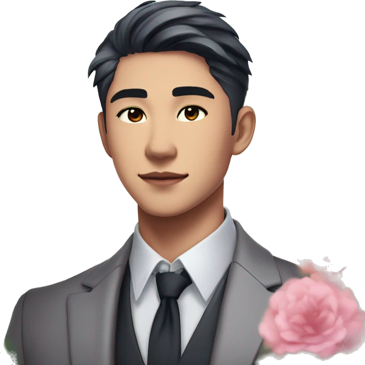 Gorgeous romantic anime style Asian formal modern gentlemanly guy with flowers and blushing face aesthetic trending style outside with colorful gradient colors emoji