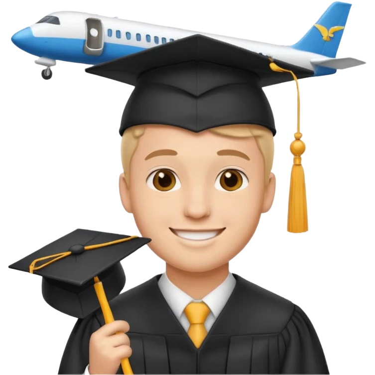 emoji man student at university with graduation cap and airplane, happy, white background emoji