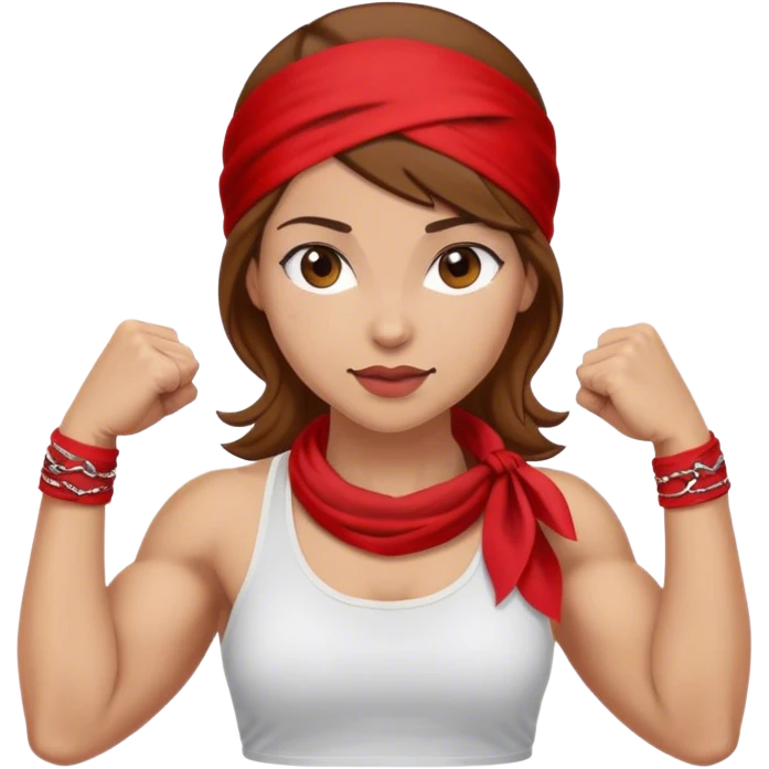 Light skin and brown hair with red bandana Rosie the Riveter shows biceps emoji