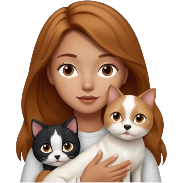 Girl with light brown hair, a few miles on her face, holding a white dog and a black cat  emoji