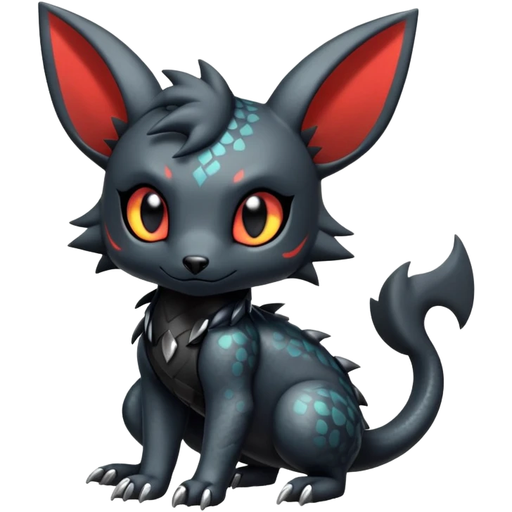 Shiny Dark Cute Majestic Sophisticated Modern Gothic Gloomy Futuristic Scaly Cyber-Salandit-Umbreon-Litten-Hybrid (Full body) emoji