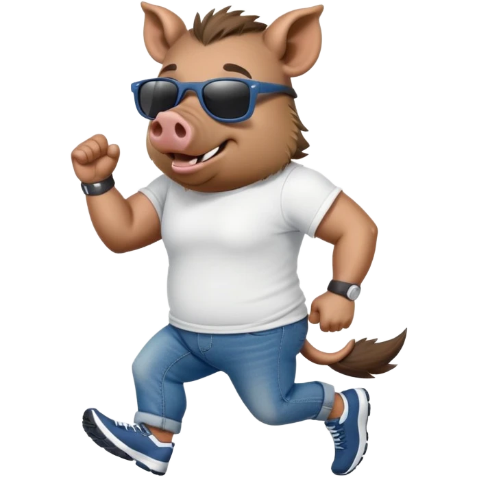 friendly anthropomorphised boar in jeans and a t-shirt, wearing dark sunglasses, jogging upright, standard pose emoji