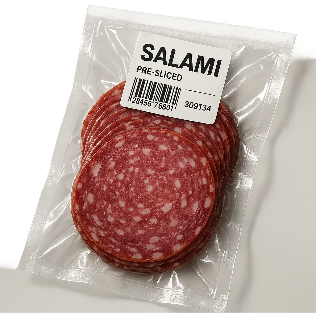 pre-sliced salami in clear vacuum-sealed plastic packaging with visible label, angled view, clean background emoji