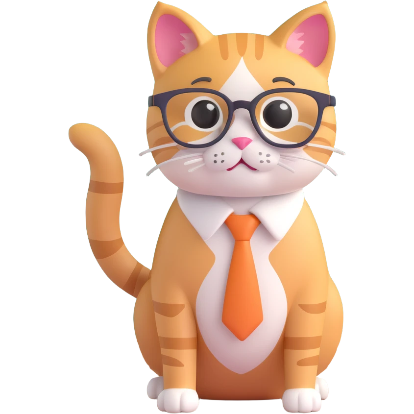 cute cat teacher standing in front of a blackboard in a classroom, teaching, with books and blackboard in the background, bright and warm atmosphere, 3D emoji style emoji