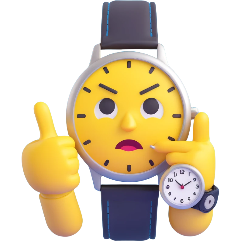 A yellow emoji face with a worried expression, looking at a wristwatch with raised eyebrows, showing urgency and stress emoji
