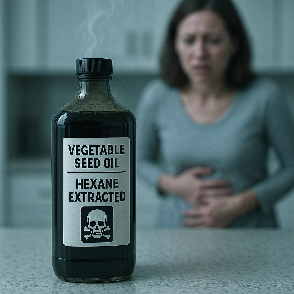 photorealistic bottle of dark vegetable seed oil (sunflower or soybean) on a kitchen counter, oil is dark and unnatural, chemical label reading 'Hexane extracted', faint toxic vapor rising from the bottle, background with a blurred worried person holding their stomach, cold clinical lighting, surreal tension atmosphere emoji