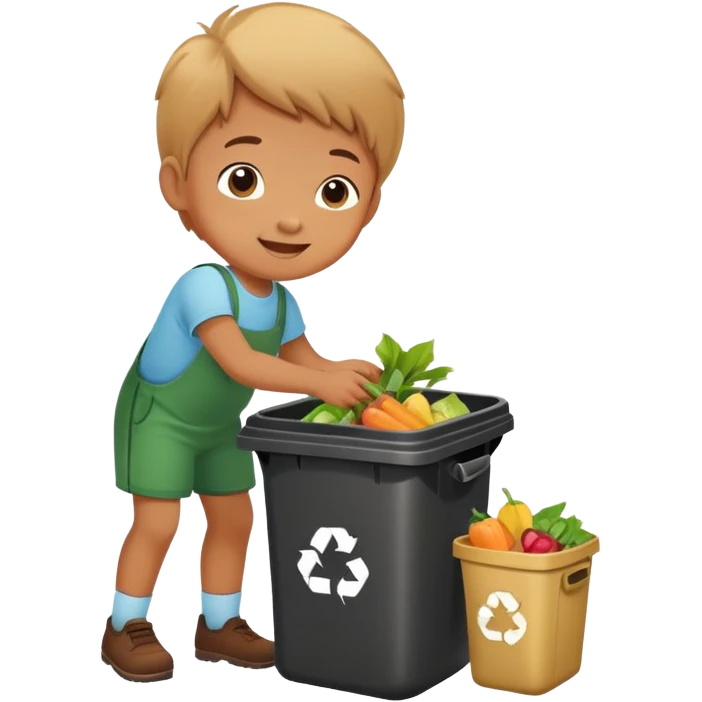 child putting food waste in a dustbin, cheerful and responsible emoji