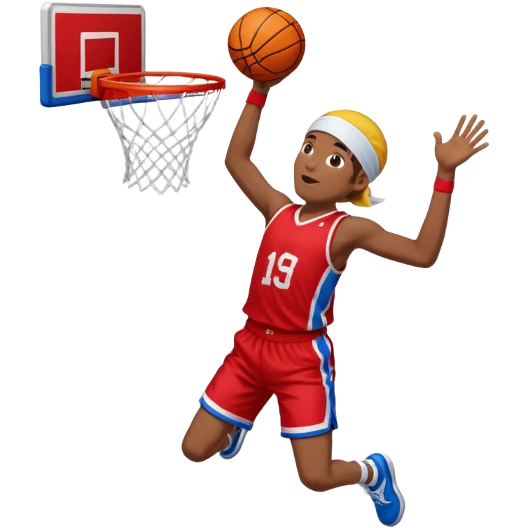 Yellow guy in red jersey and blue shorts and white headband jumping with basketball in hand trying to dunk emoji