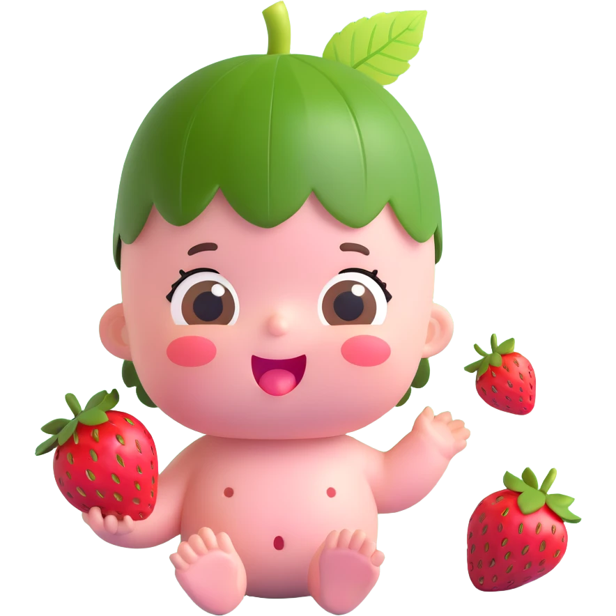 3D emoji-style baby with a strawberry leaf and fruit on its head, soft pink skin, round body, surprised or delighted face emoji
