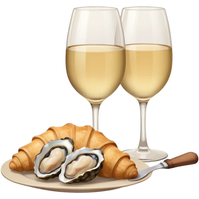 French cuisine humanless avatar in clean emoji-style illustration. 1 Croissant, oysters and wine glass, soft beige tones, simple shapes, flat design, refined and cozy. emoji