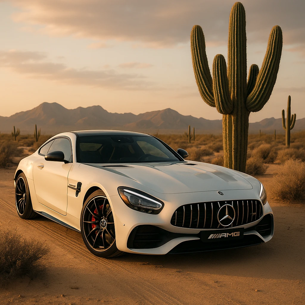 mercedes amg on desert next to cactus faun, cinematic emoji