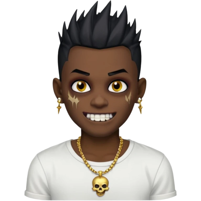 zombie boy with spiky emo black hair and white shirt , tattos, a risk on the eyebrow, earings,  a necklace emoji, with gold grills in his mouth and he’s smiling, change skin color to darkskin emoji