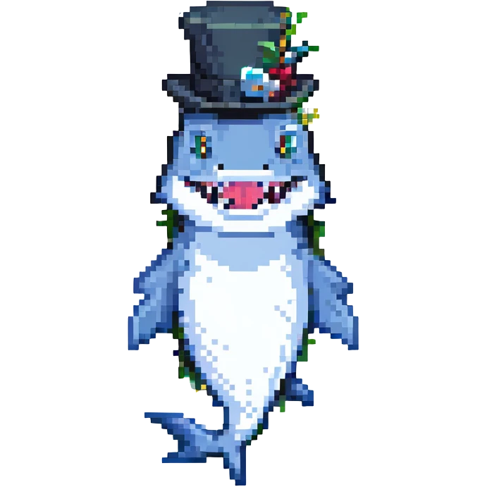 pixel art shark wearing a tophat emoji