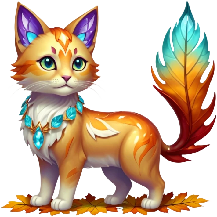 This fascinating hybrid creature combines the crystalline structure of a feline with the warm autumn foliage of a leaf being. Its core body maintains the sleek shape of a cat but is composed of translucent crystals that shift between turquoise blue and amber-orange hues. The creature's face features a blend of feline features with the gentle expression of the leaf being – sharp crystalline ears frame a round, friendly face with glowing purple-amber eyes. Most striking is how autumn leaves emerge from its crystalline body, forming a mane-like collar around its neck and sprouting along its spine and tail. These leaves shimmer with both crystalline properties and natural autumn colors – orange, gold, and deep red – with visible veining that occasionally pulses with energy. When the creature moves, the leaves rustle softly while the crystal body catches light, creating a mesmerizing display of nature and gemstone elements. full body emoji