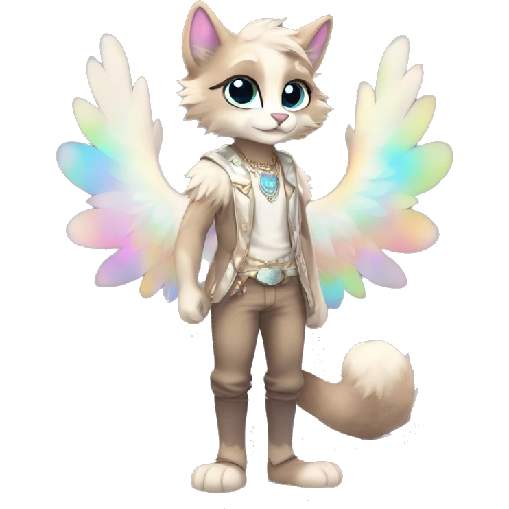 Furry, sparkle, iridescent, colorful, pastel, edgy, cool, fantasy beautiful, brown, beige, white, divine, godly, angelic, animal, anthro, full body, fursona, feline emoji