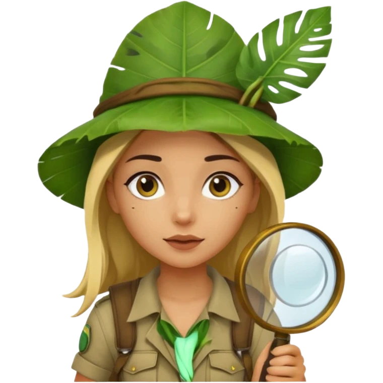 a young female explorer with jungle wearing a large leaf headgear bye and magnificer glass emoji