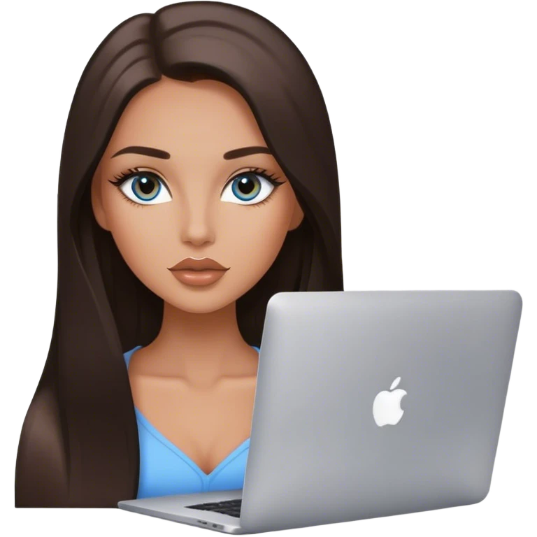 Glamours tanned very beautiful girl with pump natural peach beige lips and dark chocolate straight smooth long hair, blue-grey eyes with MacBook emoji