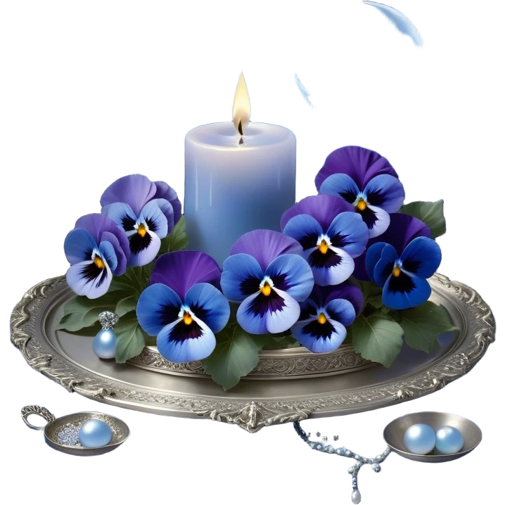 A mesmerizing nighttime scene featuring a cluster of vibrant blue pansies bathed in soft moonlight. In the background, a luminous silver crescent moon hangs low in the sky, partially veiled by delicate wisps of mist. A round, decorative candle in a shimmering pearl color rests on an ornate silver tray, its gentle glow casting flickering reflections on the surrounding petals. Tiny fireflies dance in the air, adding an ethereal touch, while a few scattered crystals glisten among the flowers. emoji