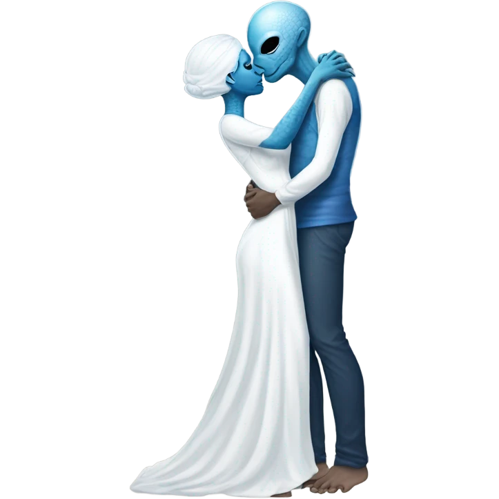 Alien reptilian woman in white dress hugs and kissing "white male human man" in blue dress emoji