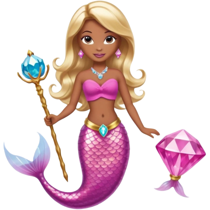 Brown skin blonde hair barbie mermaid with pink diamond tail and wand  emoji