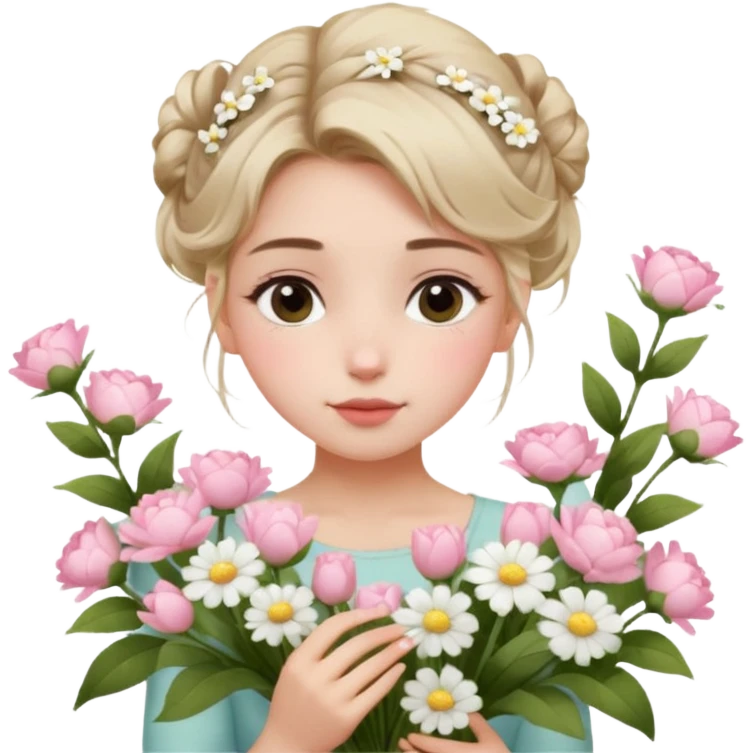 emojis.com a-girl--sitting--near-various-bouquets-of-flowers-,-white-and-pink-flowers-.-she-is-holding-a-single-white-flower-up-to-her-face,-her-hairstyle-is-slightly-messy-updo,-with-a-few-soft-strands-f (1) emoji