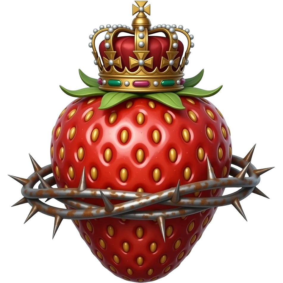 steampunk style - a rusty metal structure with many rivets in the shape of a wild strawberry with a rusty, richly decorated English royal crown. vAn oversized crown of thorns is wrapped around the strawberry's body and is spinning around its body emoji