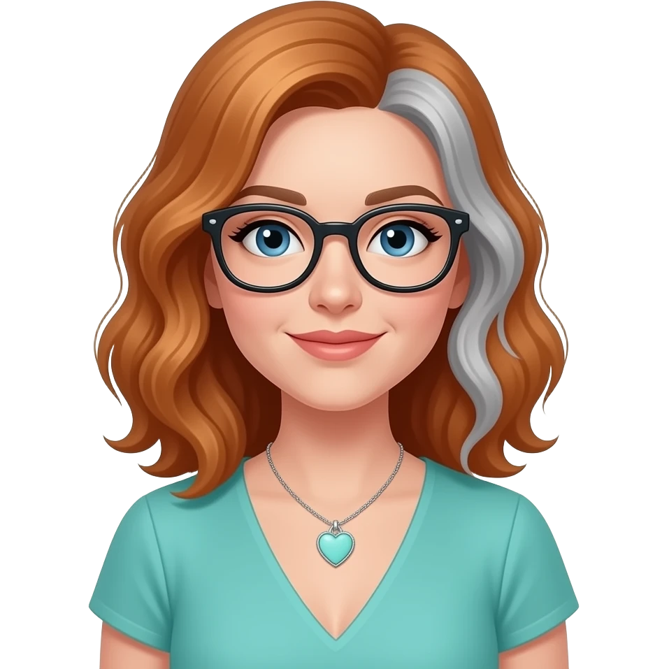 AJM - woman, glasses, ginger and grey hair shoulder length wavy hair, tiffany heart necklace,  blue eyes, teal dress, emoji