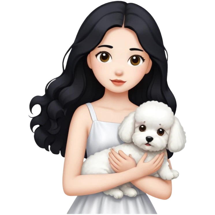 A beautiful girl with long black hair wearing a white dress holds a small white Bichon Frise in her arms emoji