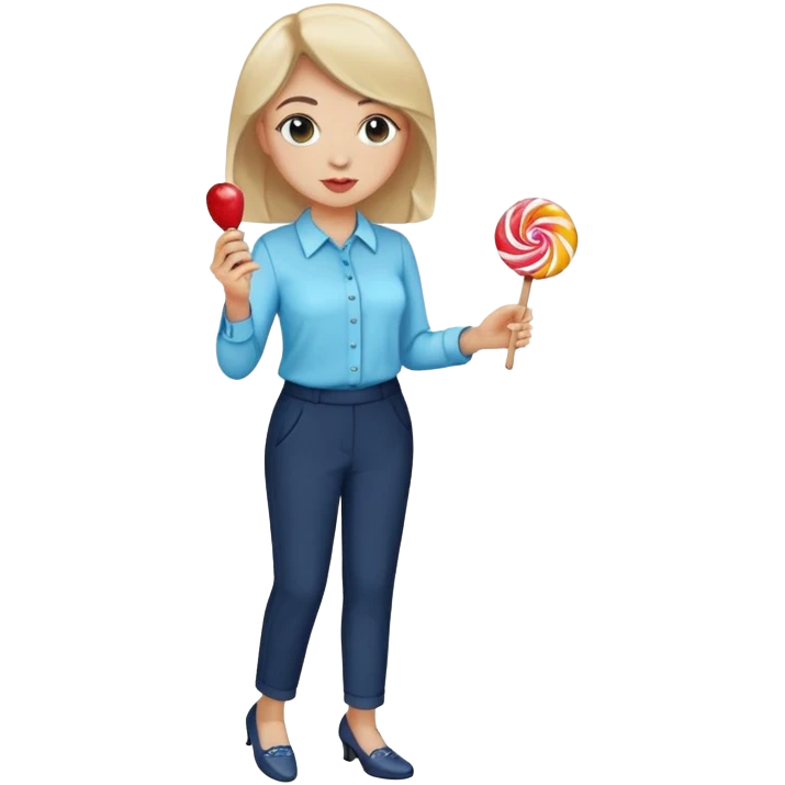 female smart light blue blouse, dark trousers, shoes. one hand holding a lolly emoji