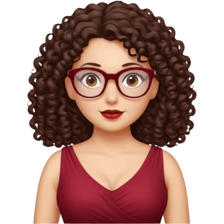 brunette , curly long hair , gray eyes , dark red glasses , curvy emoji