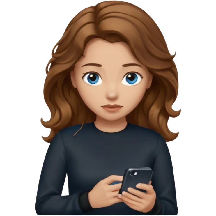 generate a pretty woman with blue eyes, light skin and medium brown long wavyshiny hair holding a phone she is looking at the phone while looking down at the screen. she is wearing an ALL black long sleeve emoji
