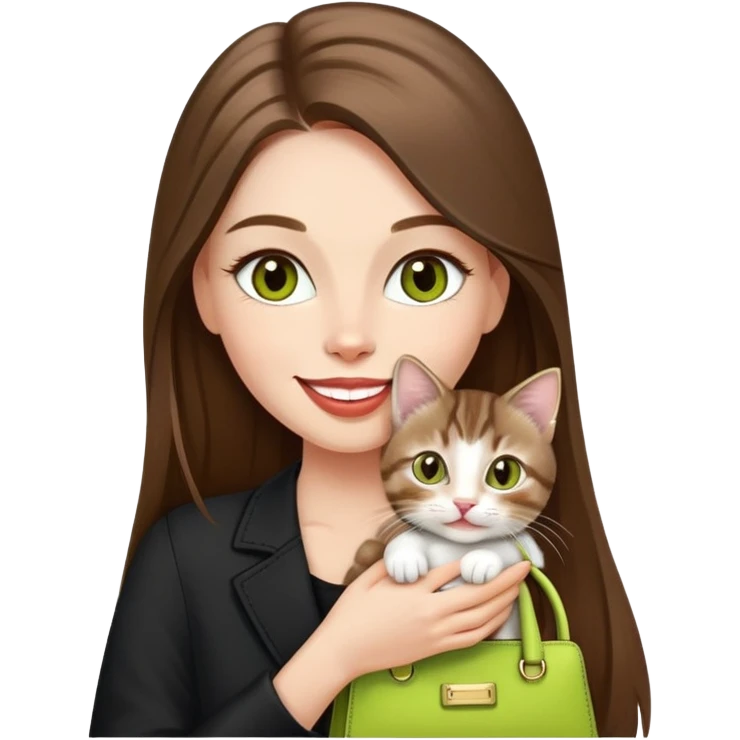 White Woman with VERY long straight brown hair, rosy lips, chartreuse eyes, cute happy big smile holding a white and brown tabby kitten, wearing a black purse emoji