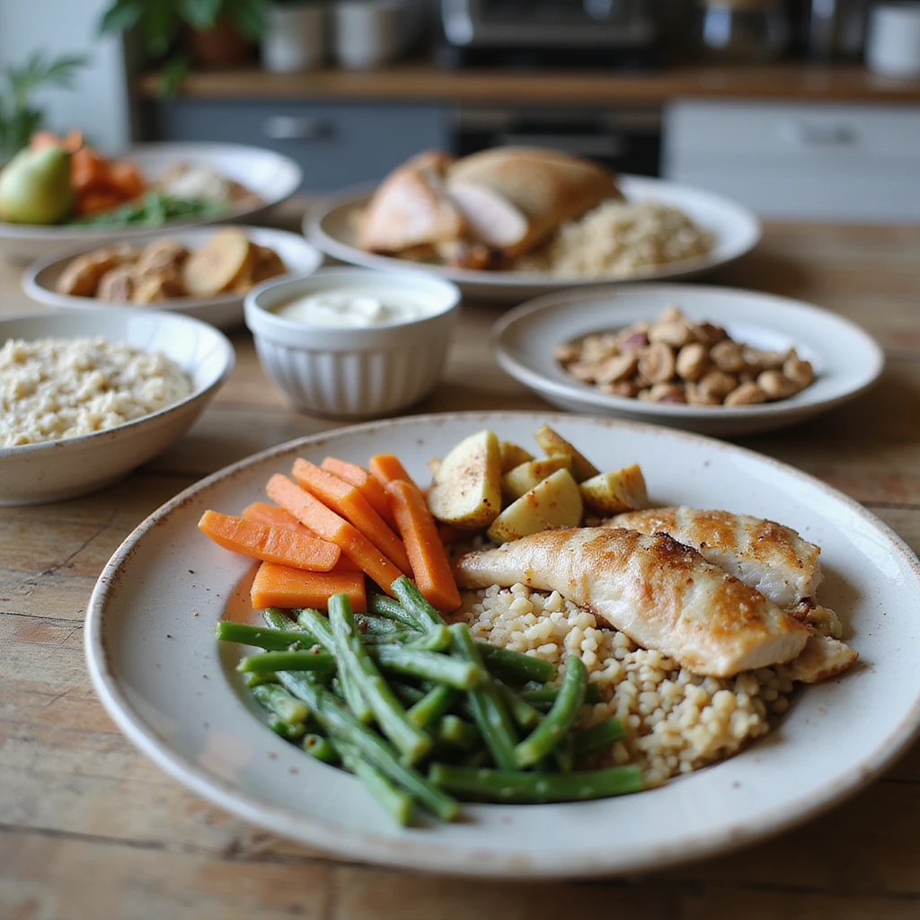 hyperrealistic 4K table with separate plates for 2000 calorie diet: breakfast with porridge, pear, nuts; lunch with turkey, rice, carrots; dinner with mackerel, potatoes, green beans; snacks with Greek yogurt, apple, hazelnuts. Plates labeled with calories, modern kitchen atmosphere emoji