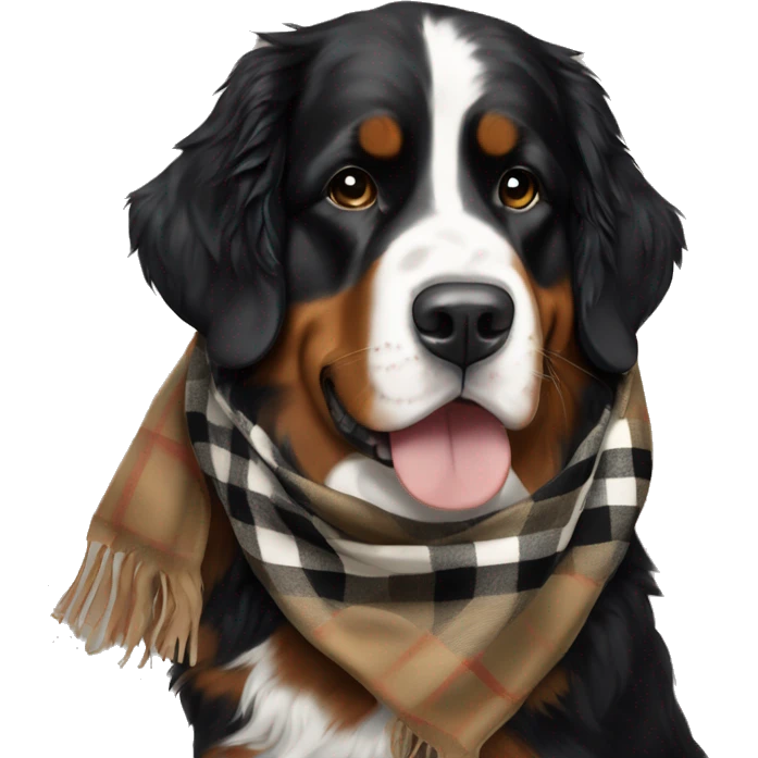 A Bernese mountain dog wearing a Burberry scarf emoji