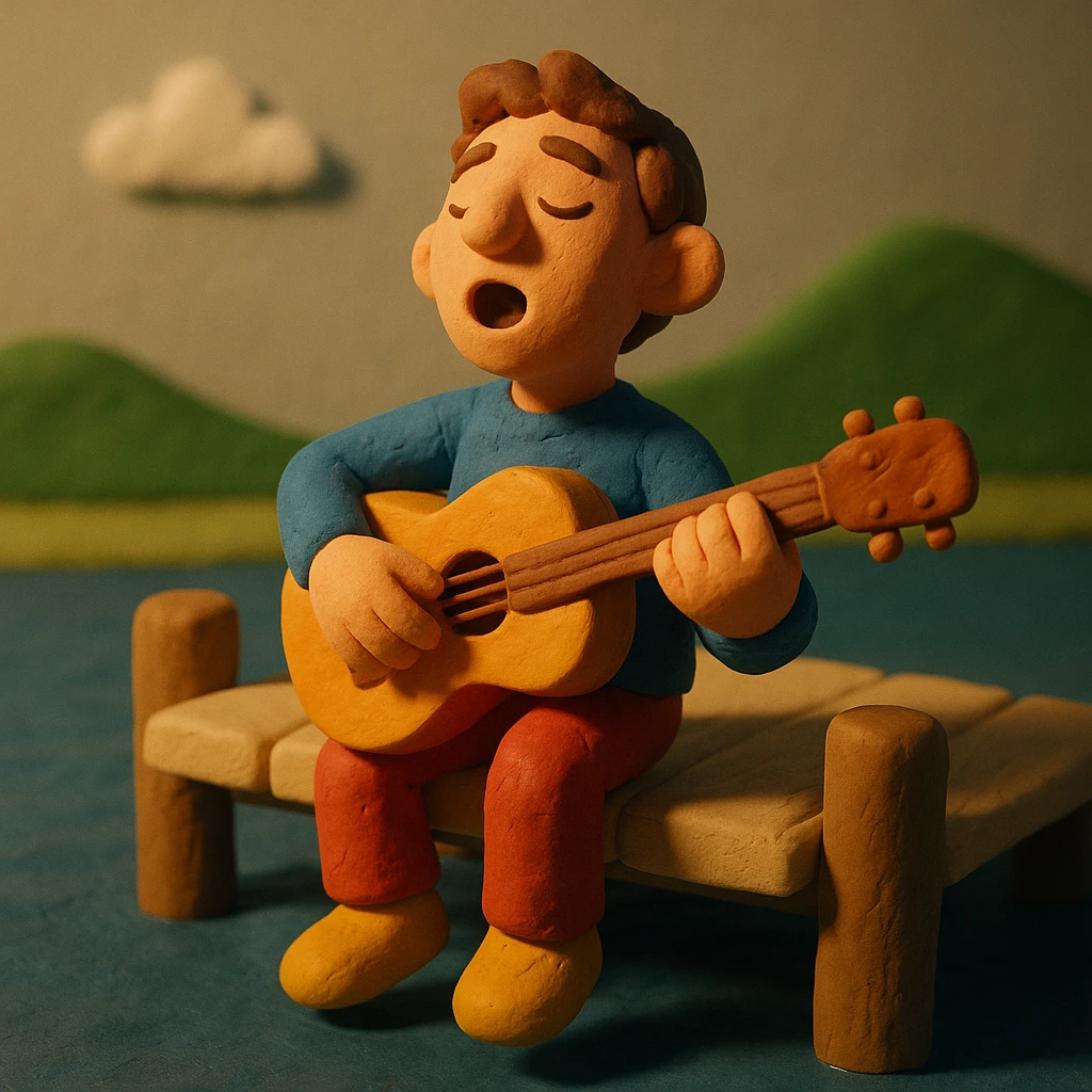 person sitting on a dock singing a song, claymation style emoji