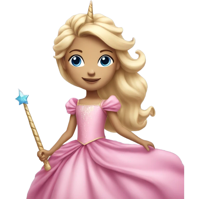 Little 5 year old long blonde girl blue eyes in a princess dress riding a big pink unicorn  emoji