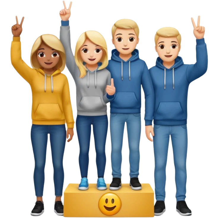 three people in jeans and hoodies on a winners podium with no numbers, middle step higher, center person holds up one finger on each hand, bright cheerful expressive emoji illustration emoji
